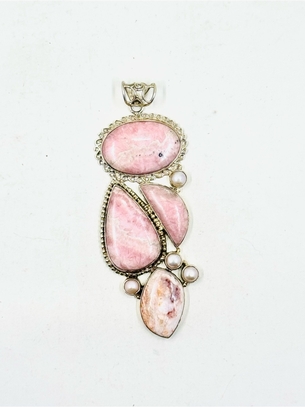 Artisan Sterling Silver Natural Pink Rhodonite Stone & Pearl Pendant 4.25”X1.5”